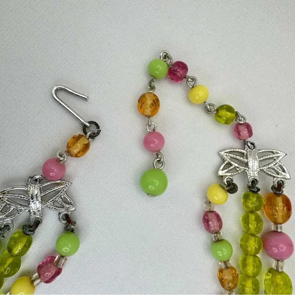 Vintage Japan Colorful Glass Bead 3 Strand Necklace Retro Statement Spring